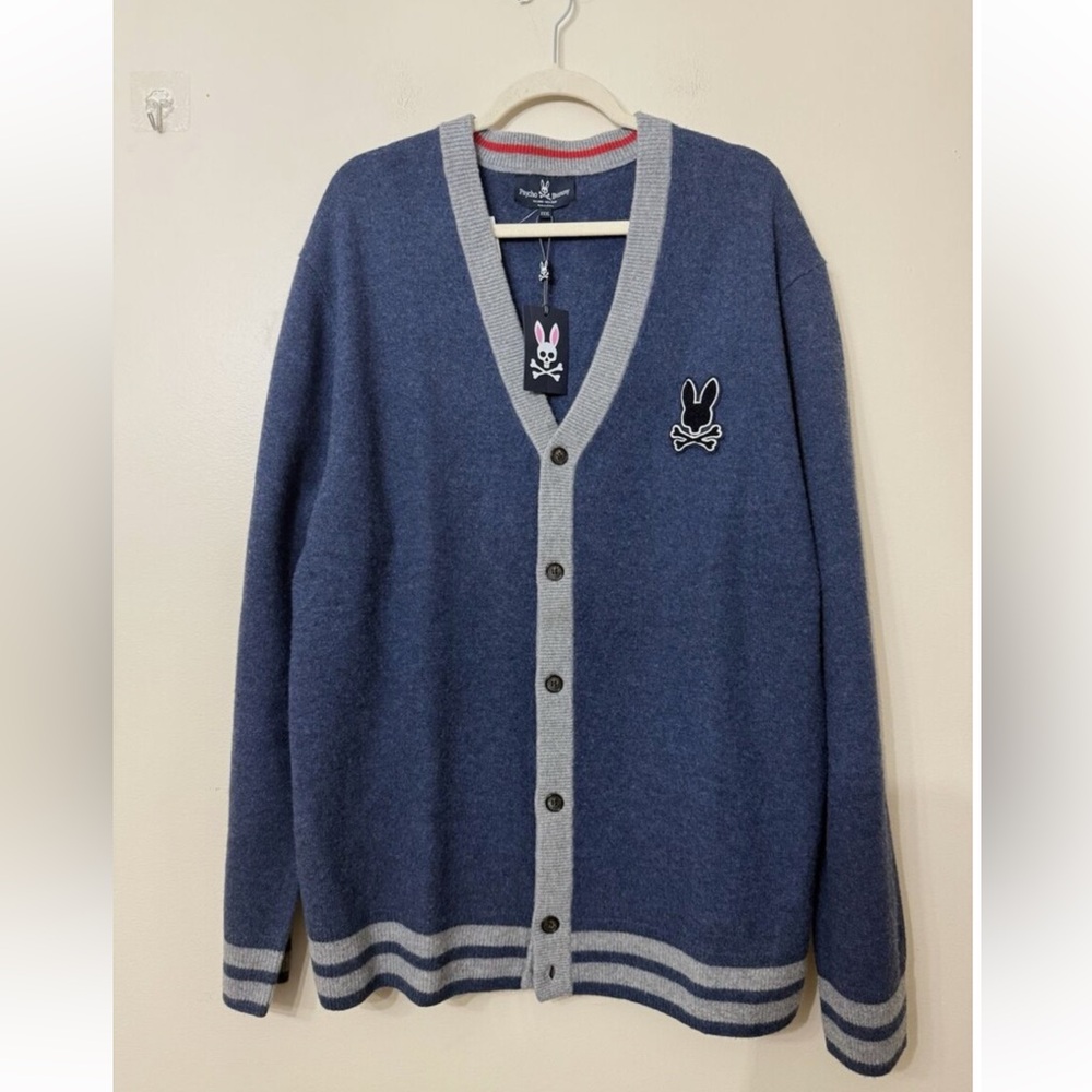 NWT Men’s Psycho Bunny Blue and Gray Cardigan Sweater with V-Neck 3X 100% Wool